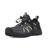 This is a side view of the left foot of a black puncture resistance hiking shoe with an EVA insole, puncture-resistant midsole fabric and rubber outsole.